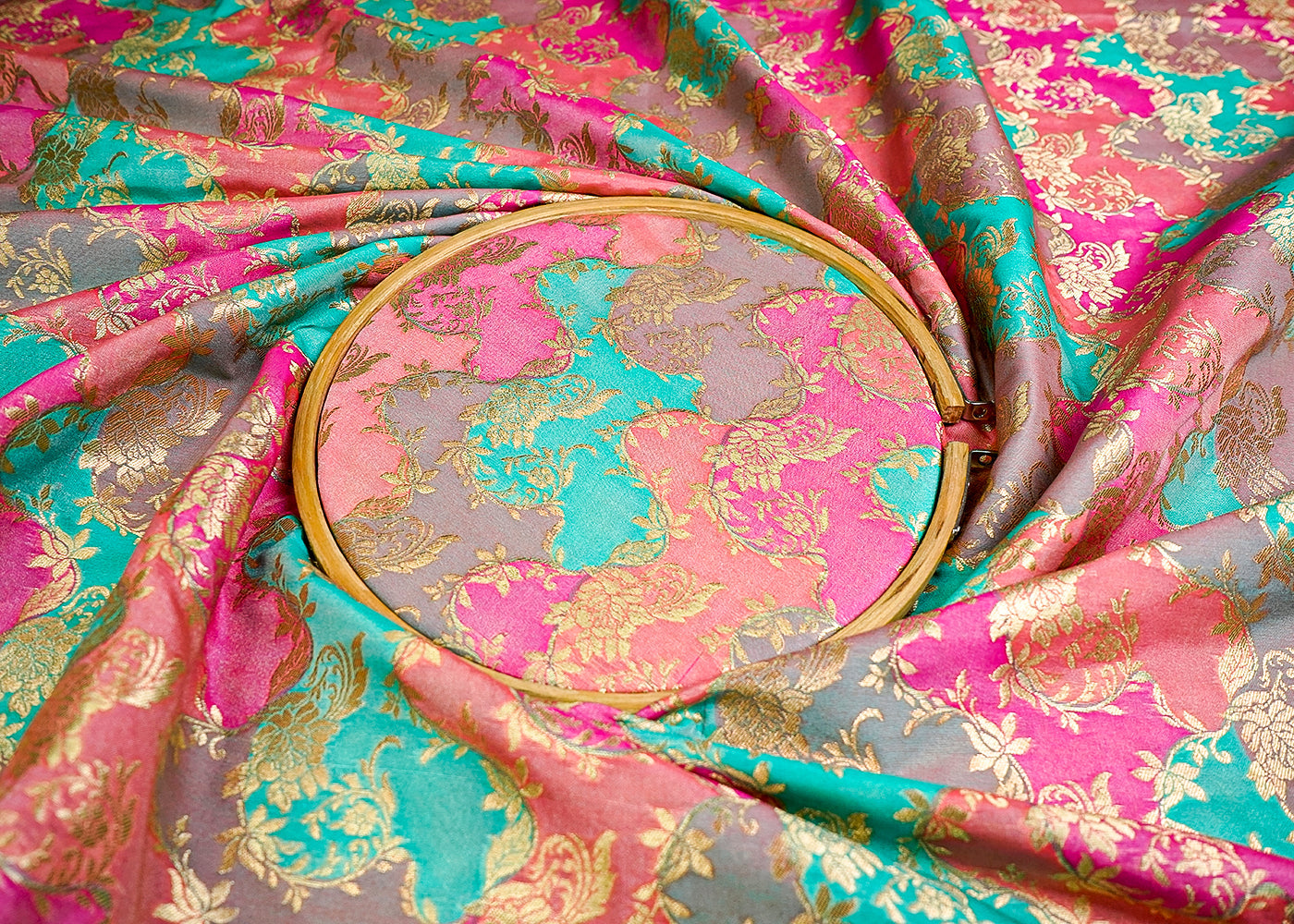 (Pre-Cut 1.85 MTR) Multi-Color Banarasi Brocade Fabric With All Over Zari Handloom 18625