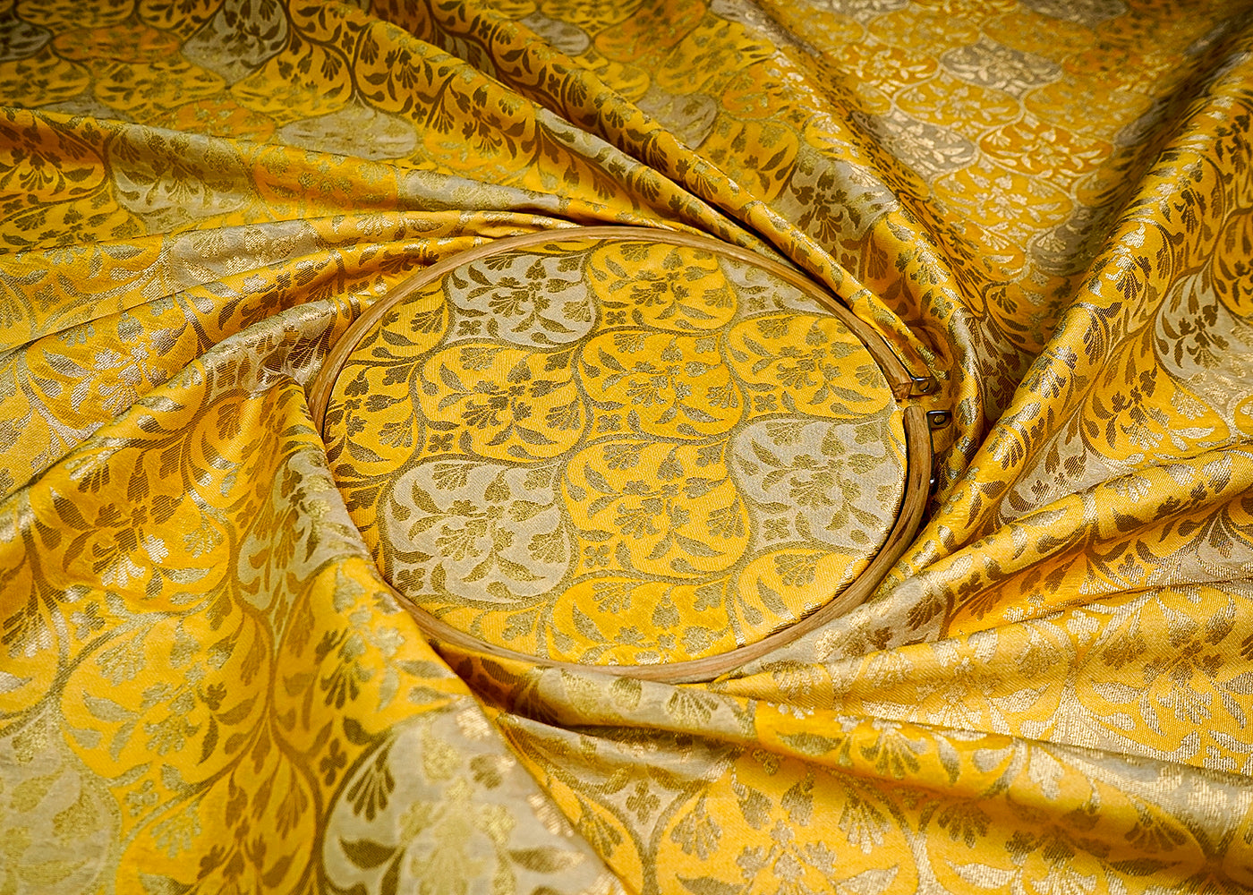 (Pre-Cut 2.25 MTR) Yellow Banarasi Brocade Fabric With All Over Zari Handloom 18626