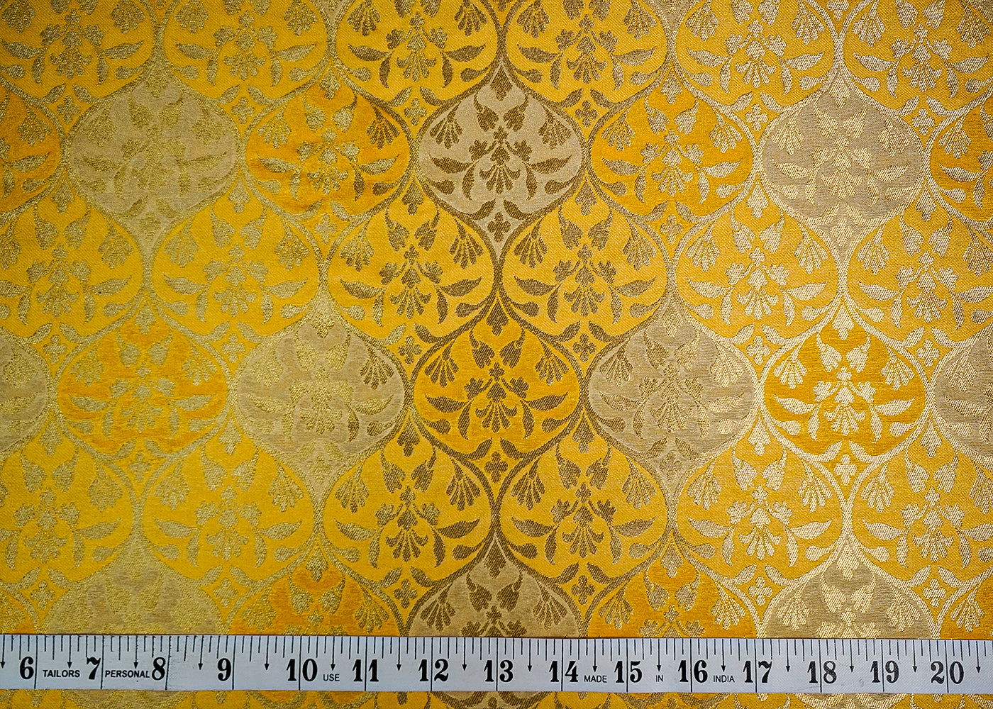 (Pre-Cut 2.25 MTR) Yellow Banarasi Brocade Fabric With All Over Zari Handloom 18626