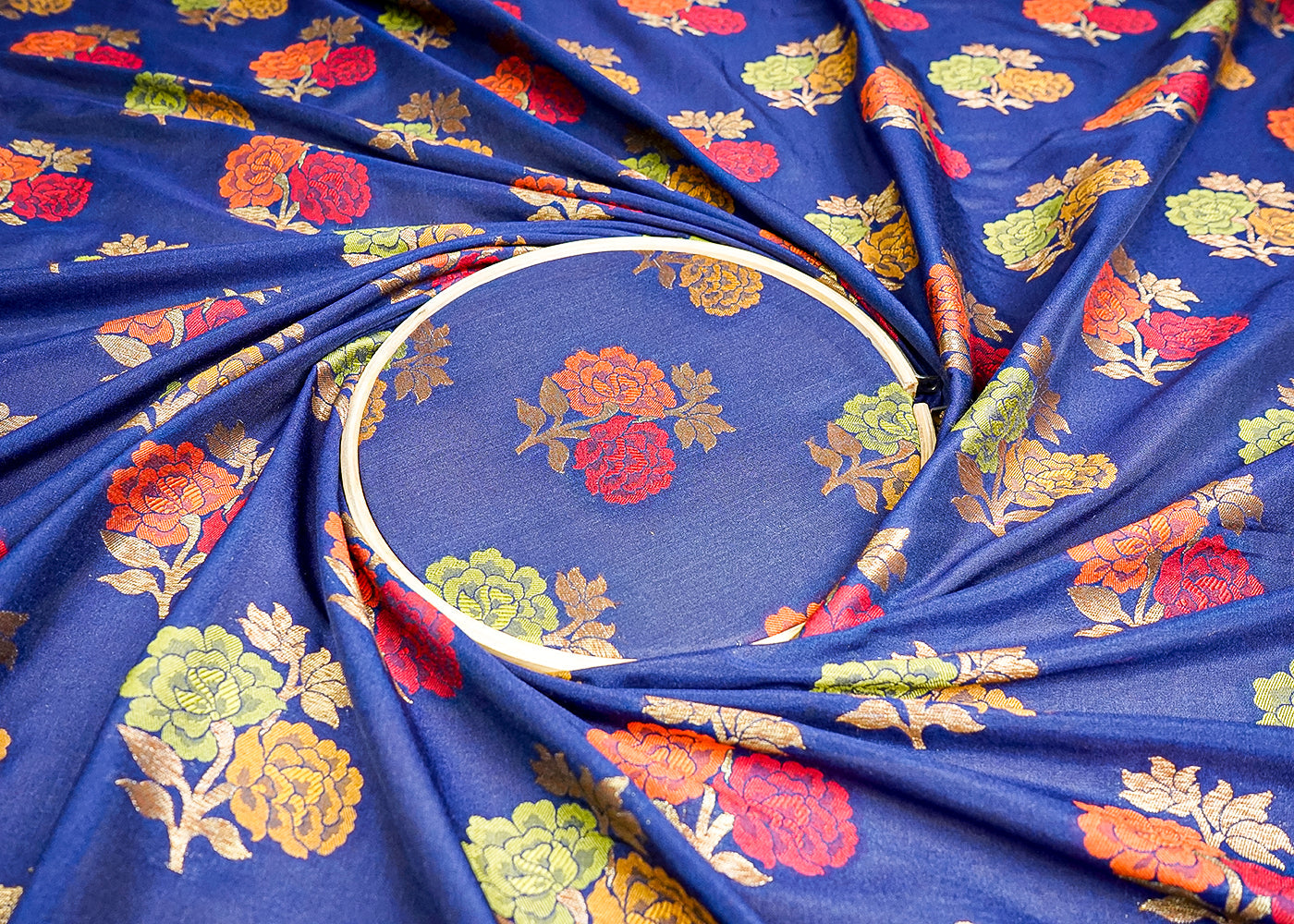 (Pre-Cut 1.8 MTR) Blue Banarasi Brocade Fabric With All Over Zari Handloom 18630