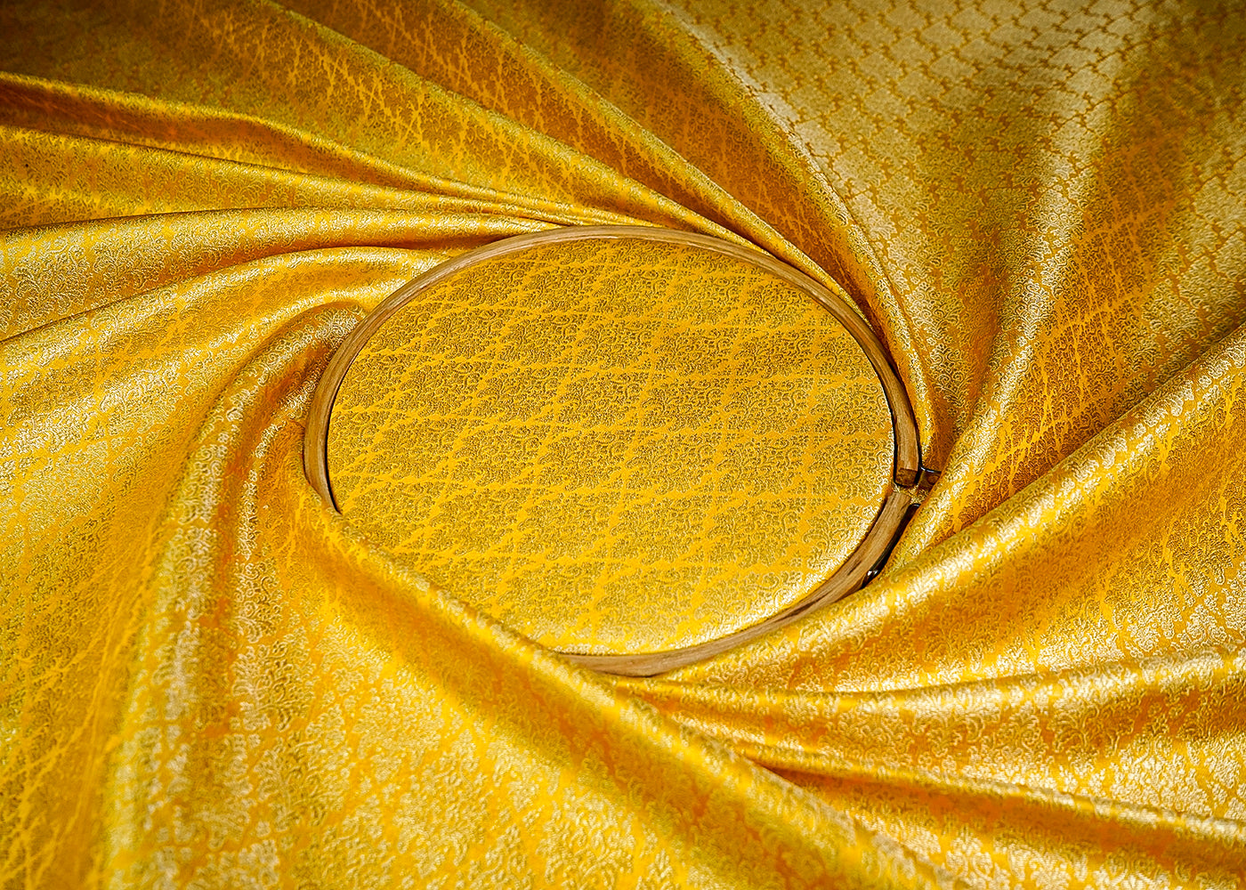 (Pre-Cut 2.4 MTR) Yellow Banarasi Brocade Fabric With All Over Zari Handloom 18631
