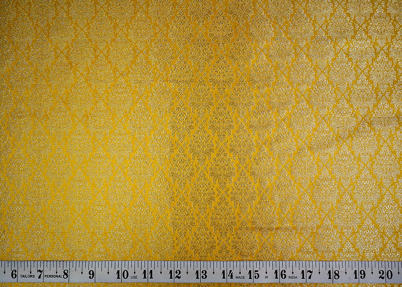 (Pre-Cut 2.4 MTR) Yellow Banarasi Brocade Fabric With All Over Zari Handloom 18631