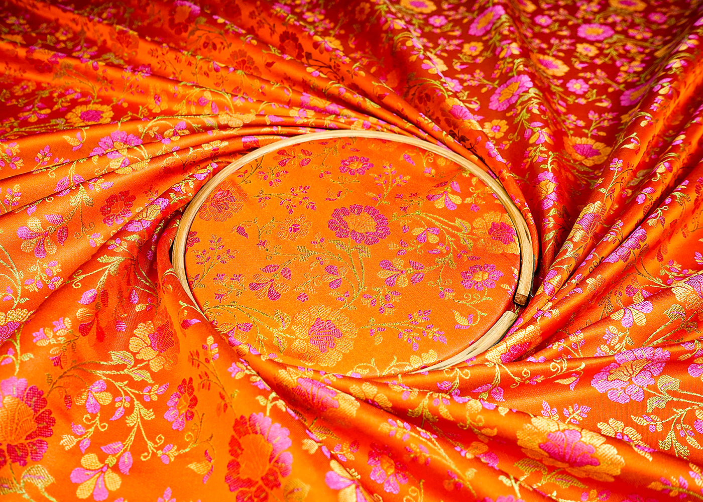 (Pre-Cut 1.45 MTR) Orange Banarasi Brocade Fabric With All Over Zari Handloom 18632