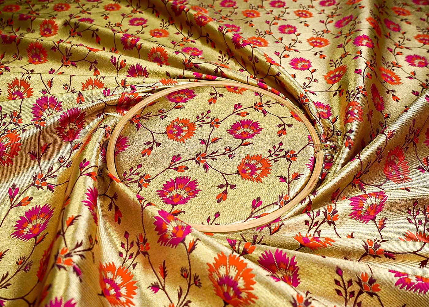 (Pre-Cut 1.85 MTR) Gold Banarasi Brocade Fabric With All Over Zari Handloom 18633