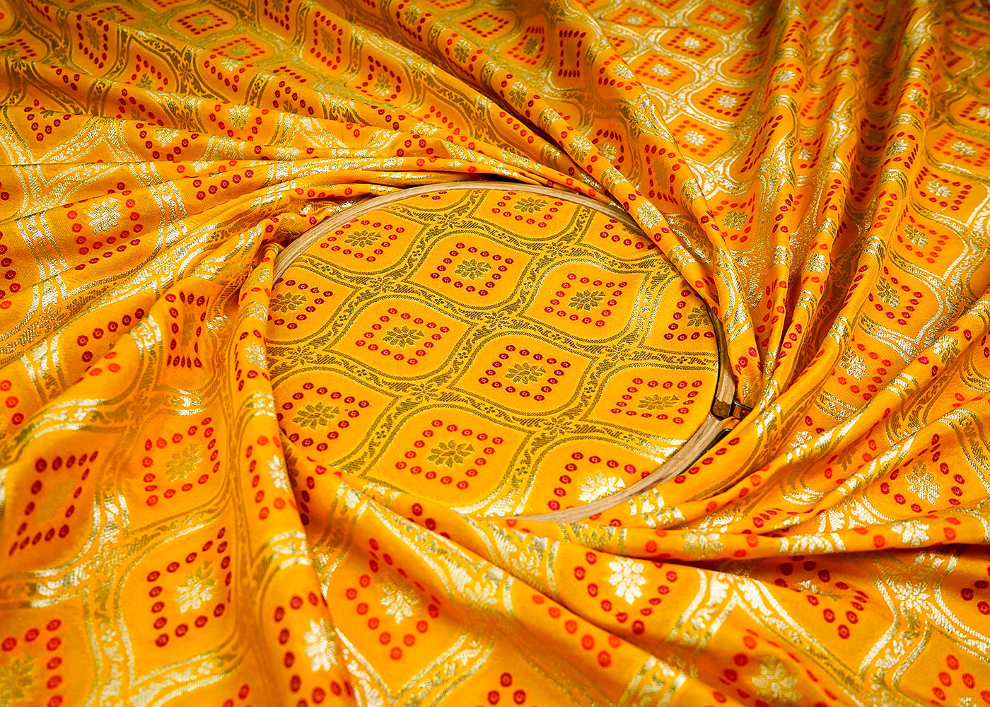 (Pre-Cut 2.45 MTR) Yellow Banarasi Brocade Fabric With All Over Zari Handloom 18635