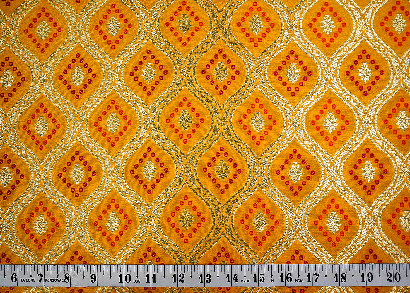 (Pre-Cut 2.45 MTR) Yellow Banarasi Brocade Fabric With All Over Zari Handloom 18635