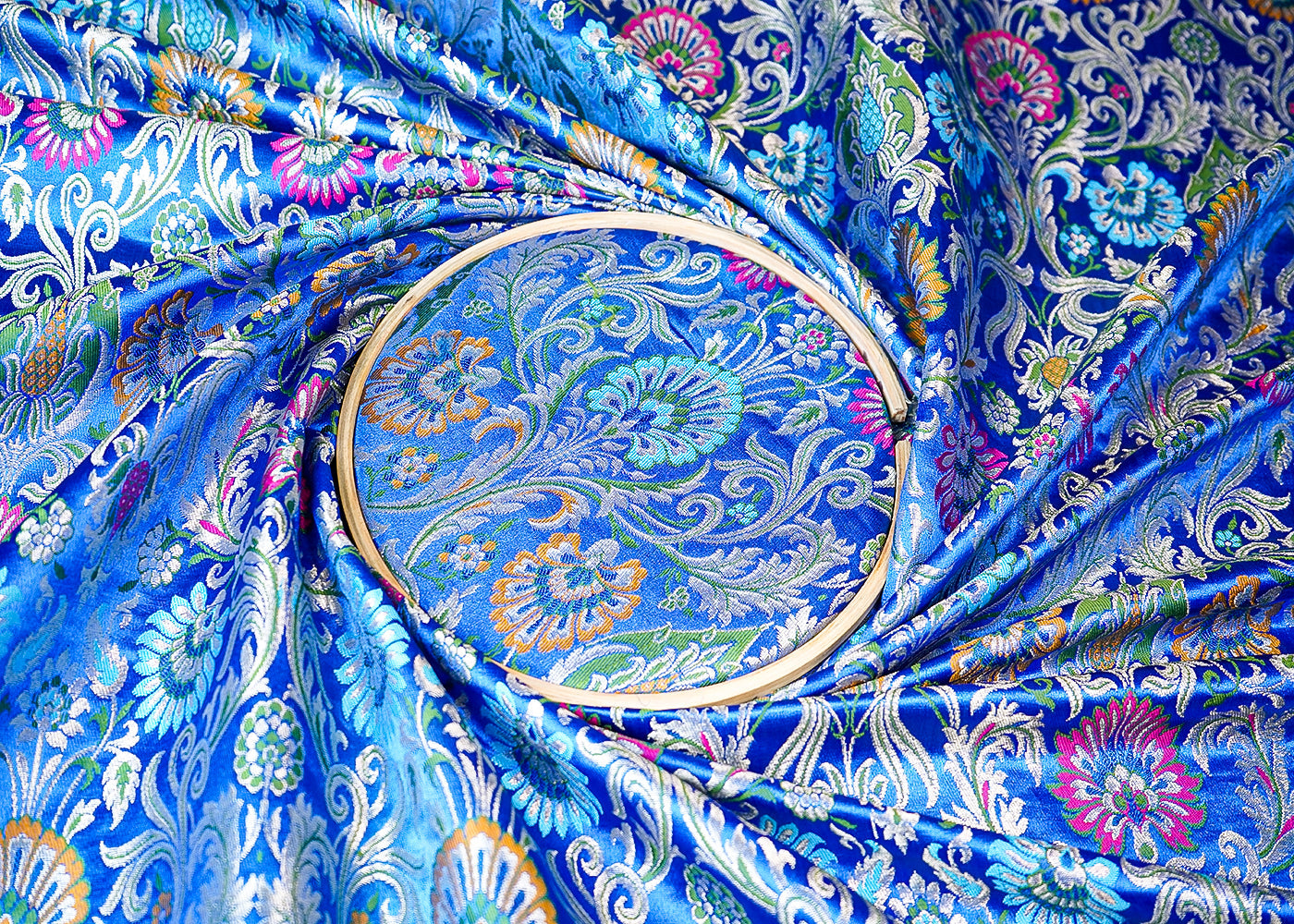 (Pre-Cut 1.8 MTR) Blue Banarasi Brocade Fabric With All Over Zari Handloom 18637