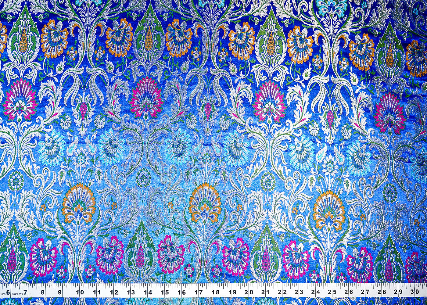 (Pre-Cut 1.8 MTR) Blue Banarasi Brocade Fabric With All Over Zari Handloom 18637