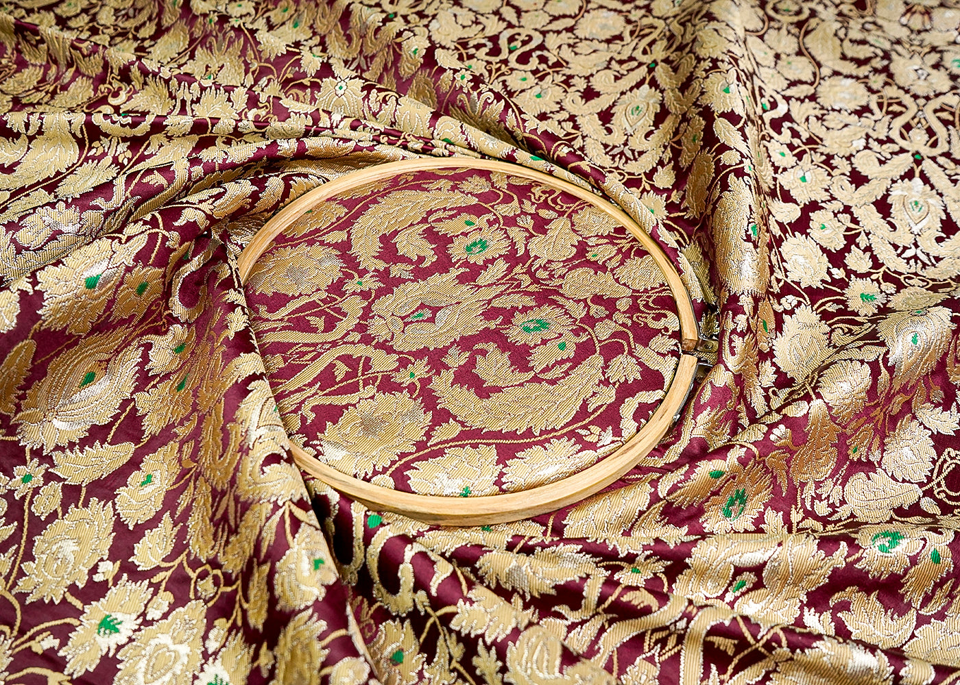 (Pre-Cut 1 MTR) Wine Banarasi Brocade Fabric With All Over Zari Handloom 18639
