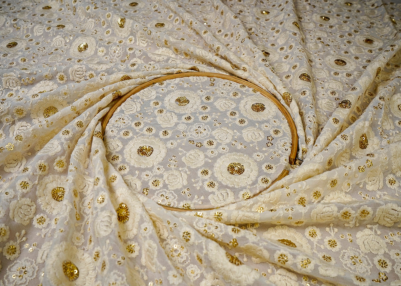 (Pre-Cut 2.4 MTR) White Georgette Fabric With All Over Thread And Sequins Work   18643