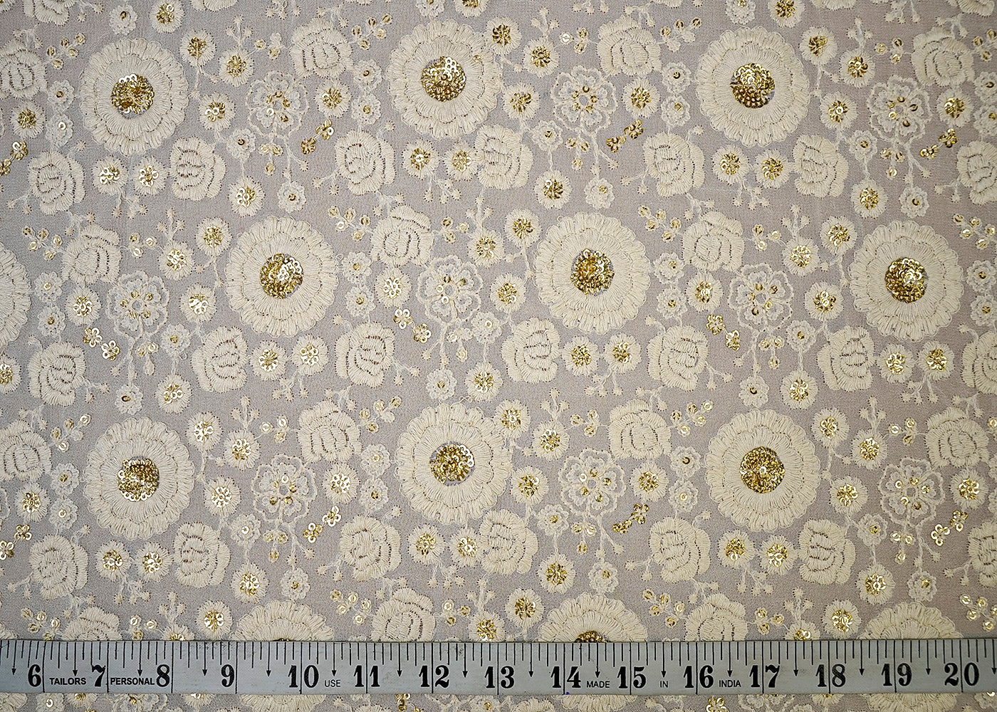 (Pre-Cut 2.4 MTR) White Georgette Fabric With All Over Thread And Sequins Work   18643
