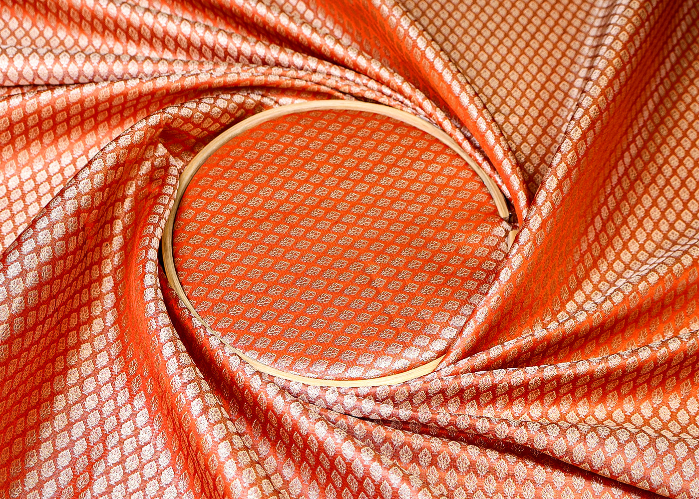 (Pre-Cut 1.7 MTR) Orange Banarasi Brocade Fabric With All Over Zari Handloom 18645