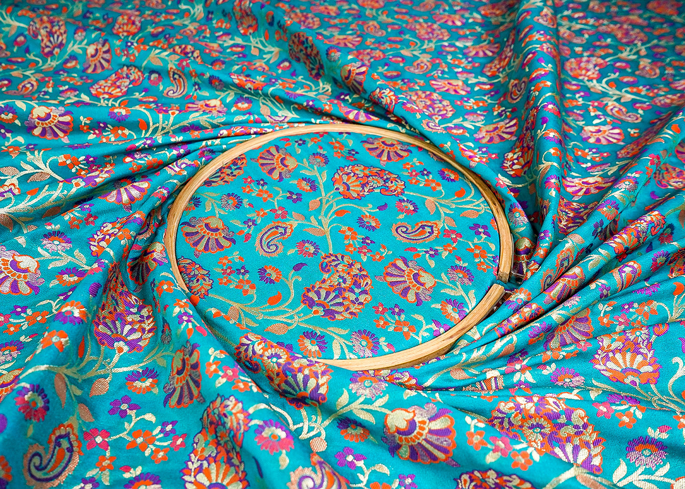 (Pre-Cut 1 MTR) Teal Green Banarasi Brocade Fabric With All Over Zari Handloom 18648