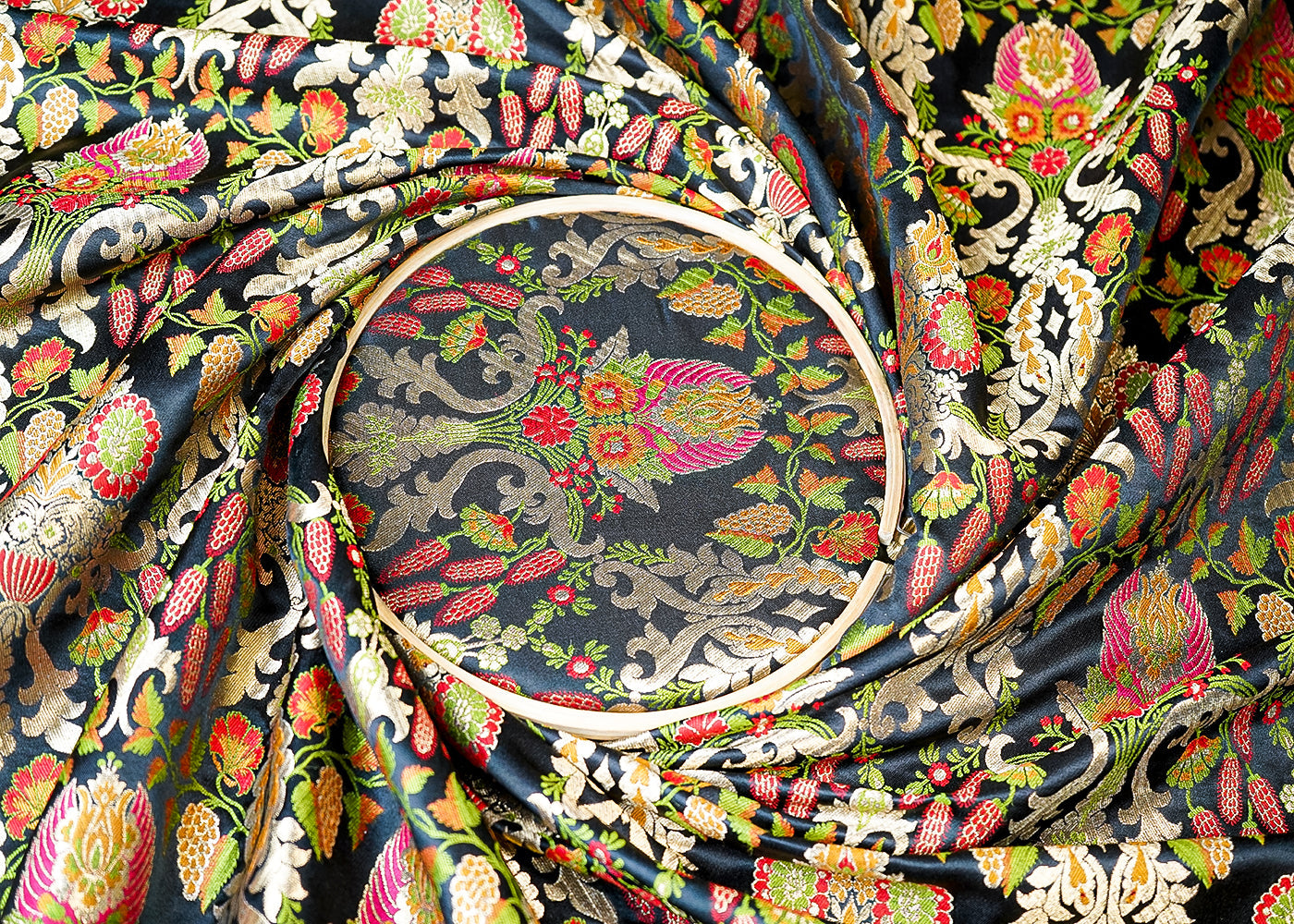 (Pre-Cut 2.55 MTR) Black Banarasi Brocade Fabric With All Over Zari Handloom 18649
