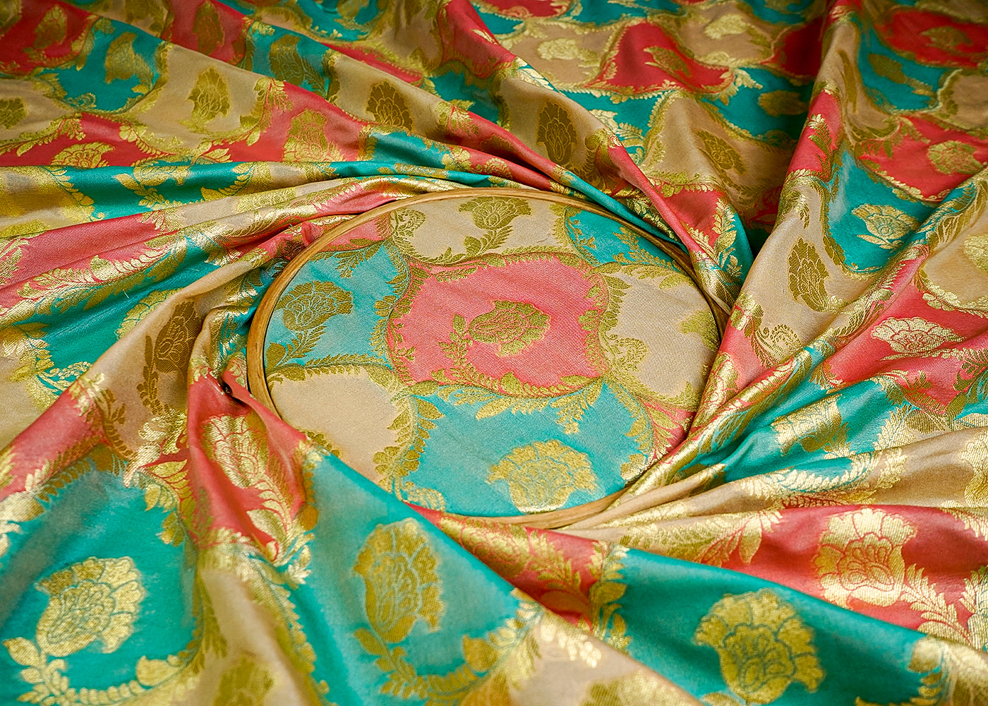 (Pre-Cut 2 MTR) Multi-Color Banarasi Brocade Fabric With All Over Zari Handloom 18650