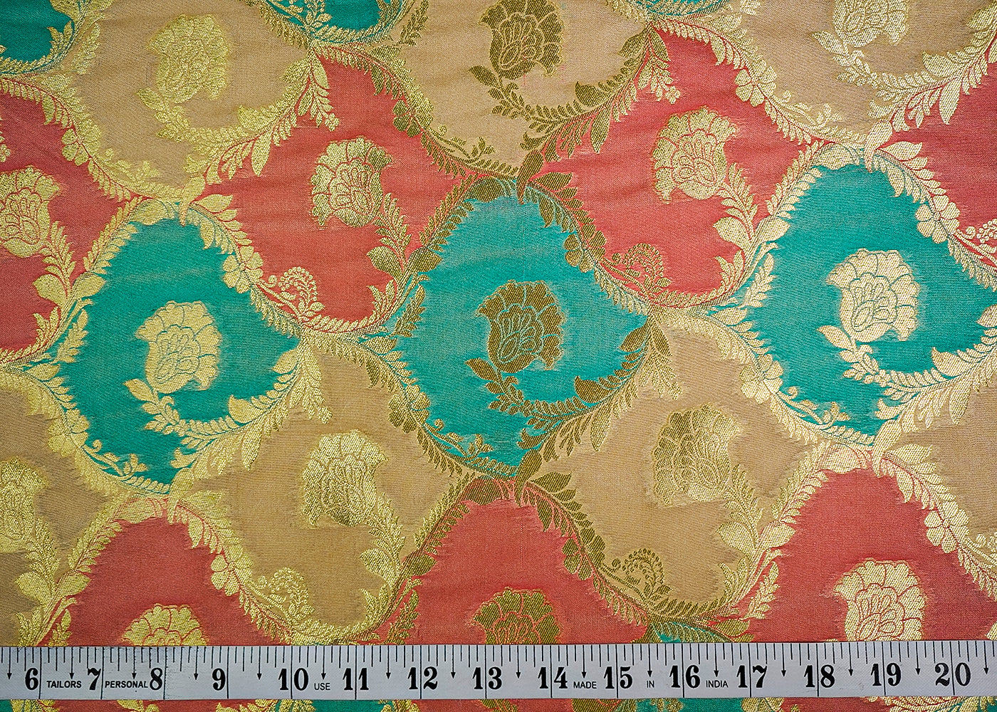 (Pre-Cut 2 MTR) Multi-Color Banarasi Brocade Fabric With All Over Zari Handloom 18650