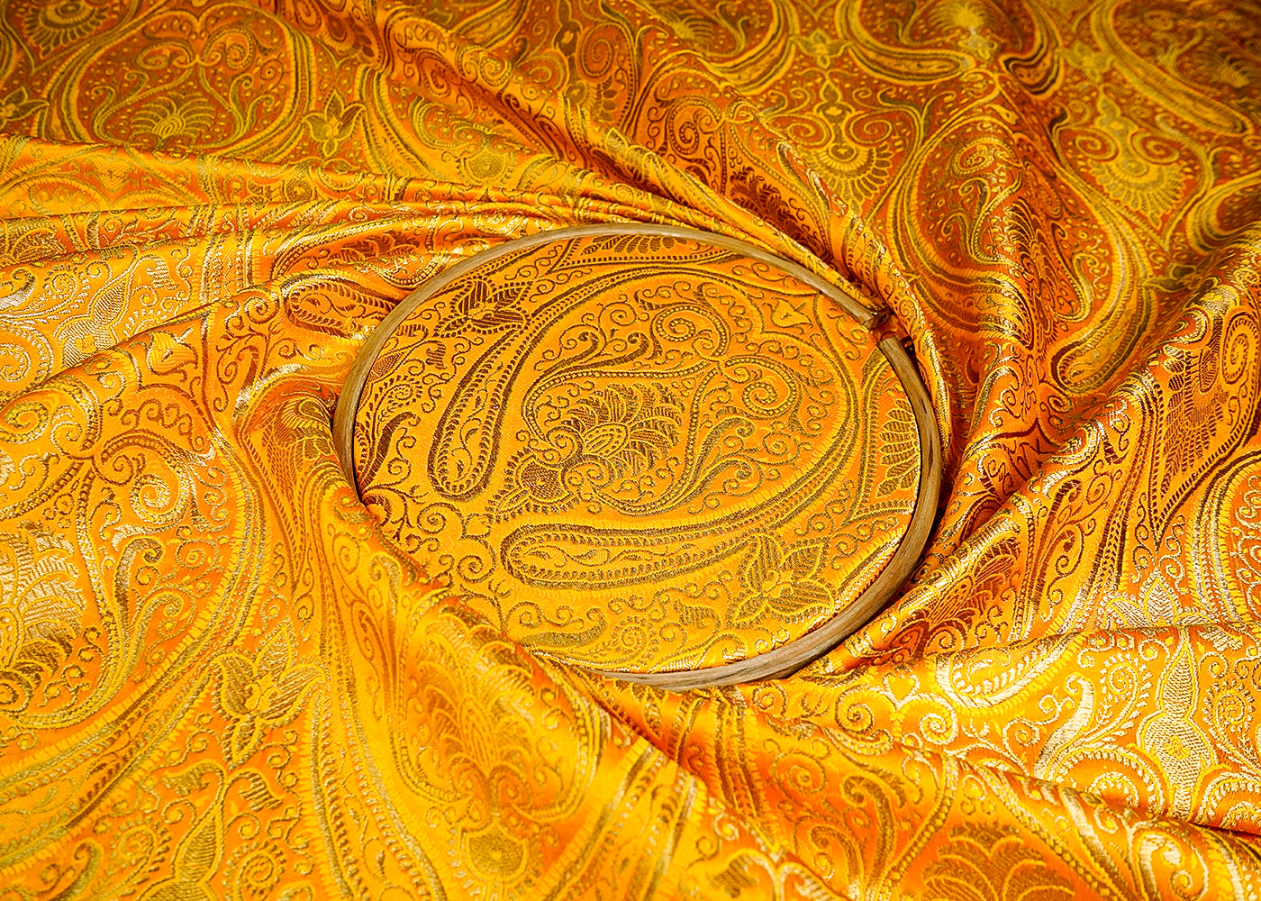(Pre-Cut 1.65 MTR) Yellow Banarasi Brocade Fabric With All Over Zari Handloom 18652