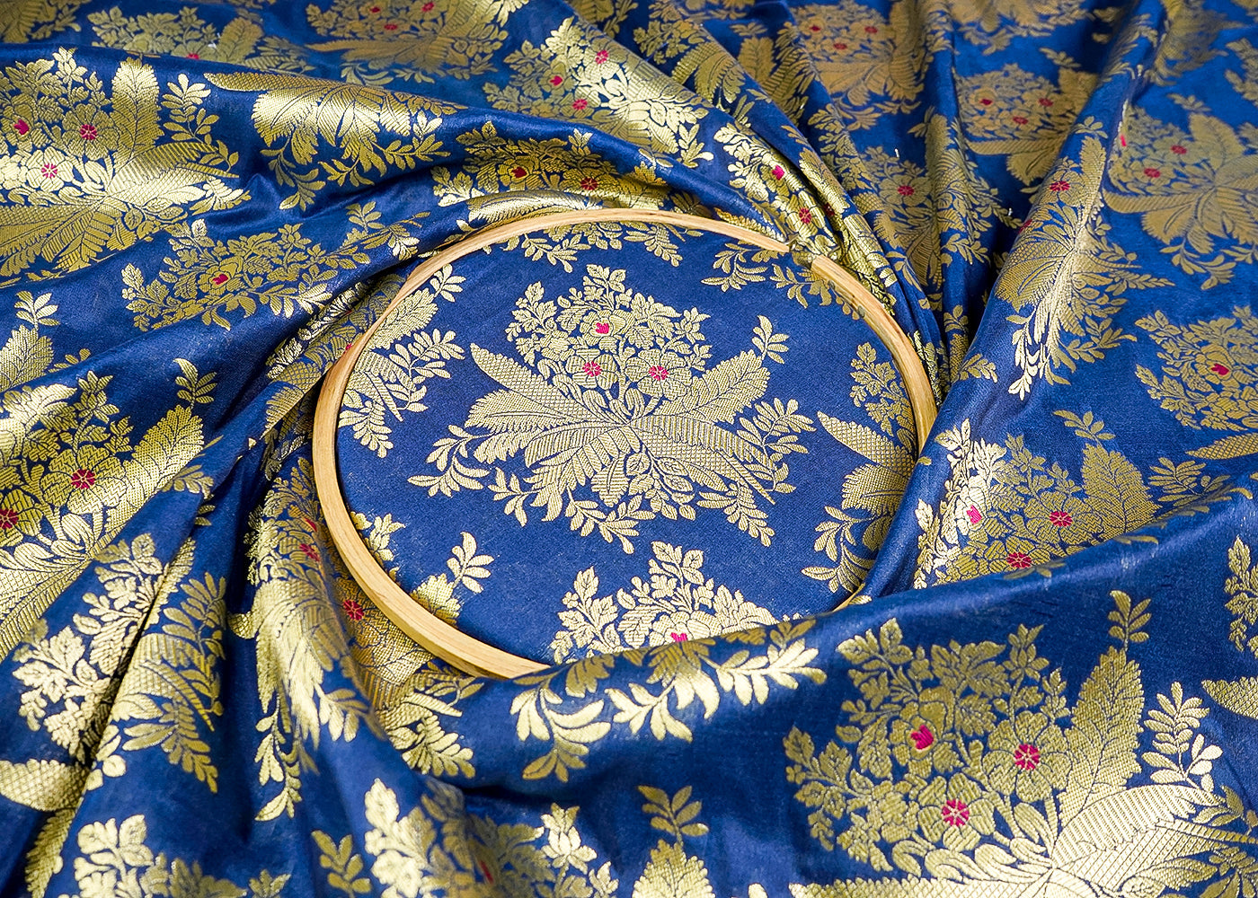 (Pre-Cut 2.4 MTR) Blue Banarasi Brocade Fabric With All Over Zari Handloom 18654