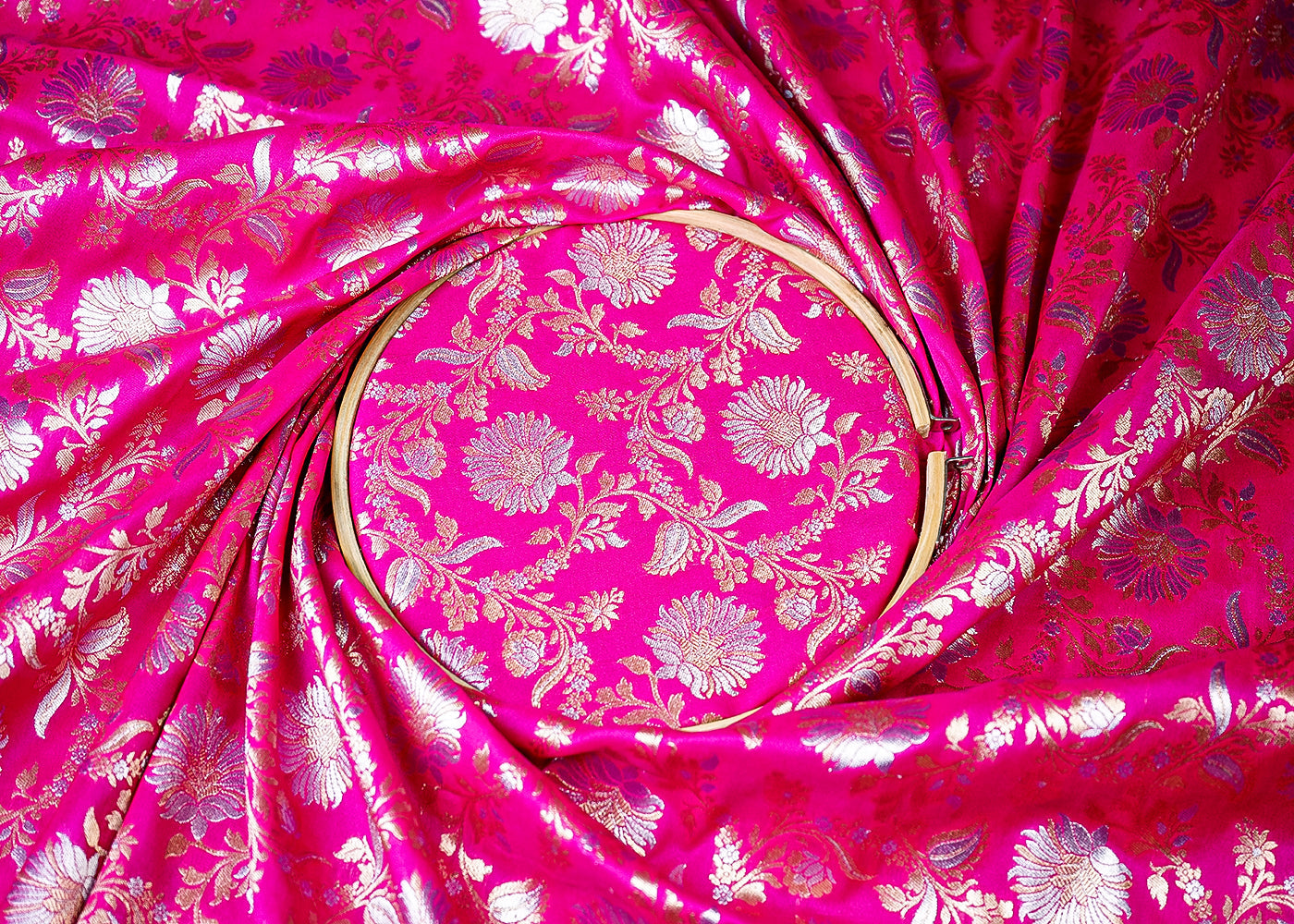 (Pre-Cut 2.1 MTR) Pink Banarasi Brocade Fabric With All Over Zari Handloom 18655