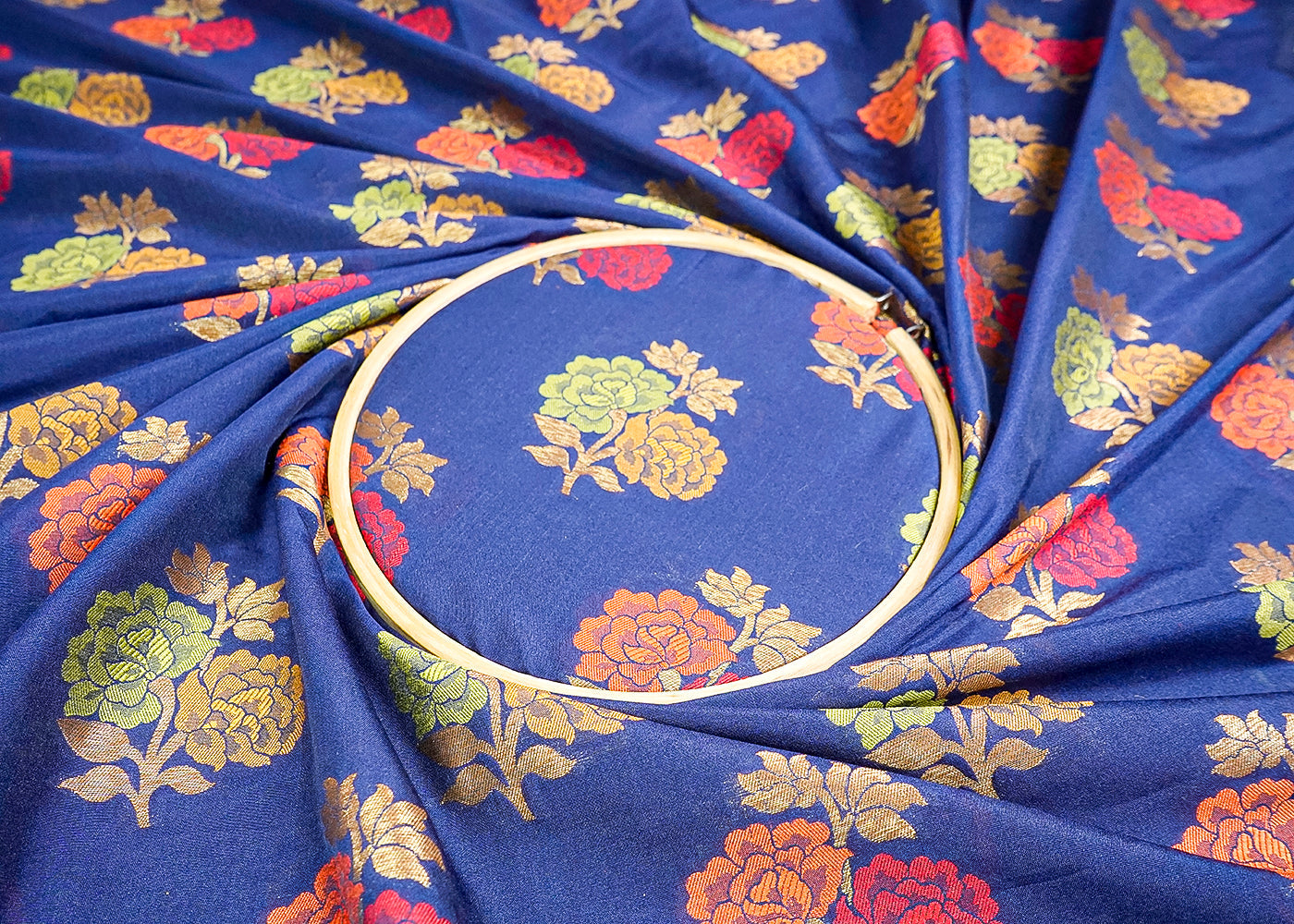 (Pre-Cut 2.6 MTR) Blue Banarasi Brocade Fabric With All Over Zari Handloom 18658