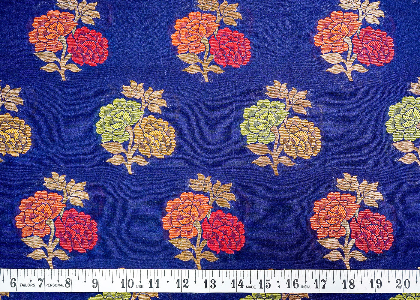 (Pre-Cut 2.6 MTR) Blue Banarasi Brocade Fabric With All Over Zari Handloom 18658