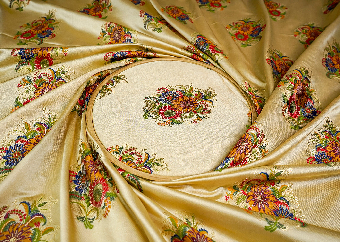 (Pre-Cut 2 MTR) Gold Banarasi Brocade Fabric With All Over Thread And Zari Handloom 18659