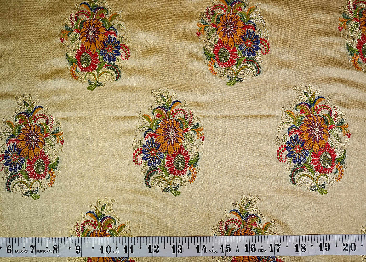 (Pre-Cut 2 MTR) Gold Banarasi Brocade Fabric With All Over Thread And Zari Handloom 18659