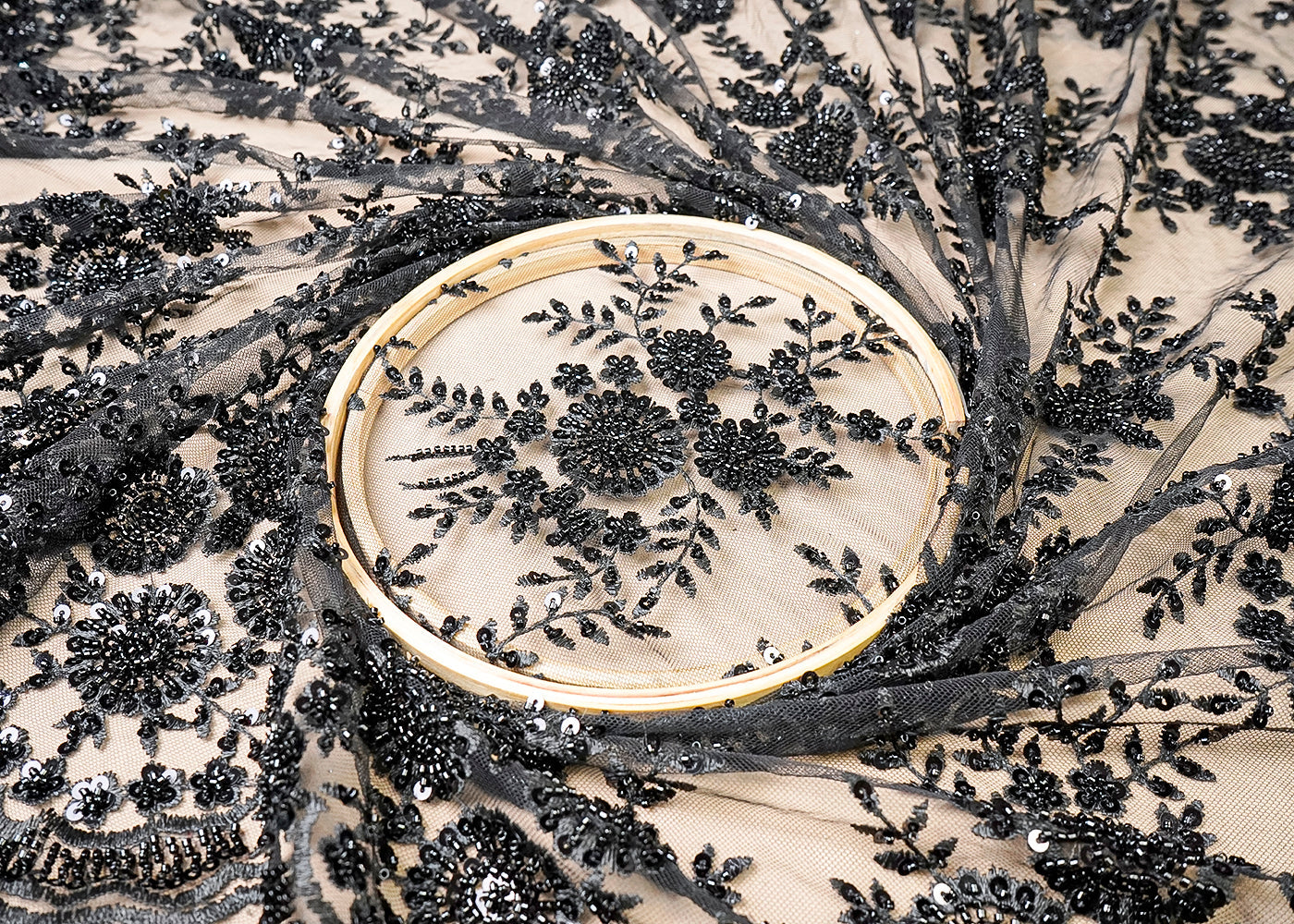 (Pre-Cut 2.1 MTR) Black Imported Net Fabric With All Over Sequins And Bead Work With One Side Scalloped Edge 18660