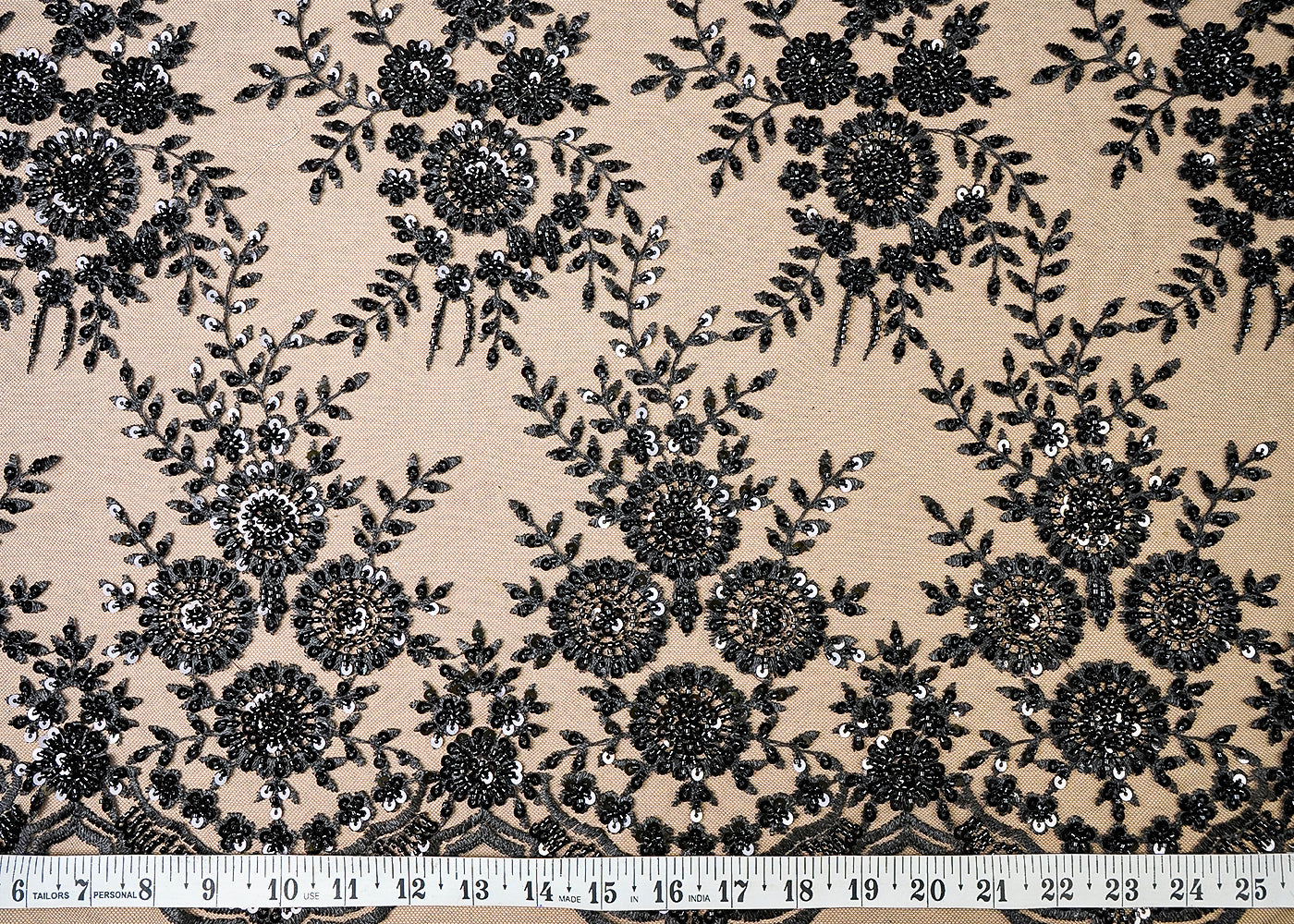 (Pre-Cut 2.1 MTR) Black Imported Net Fabric With All Over Sequins And Bead Work With One Side Scalloped Edge 18660