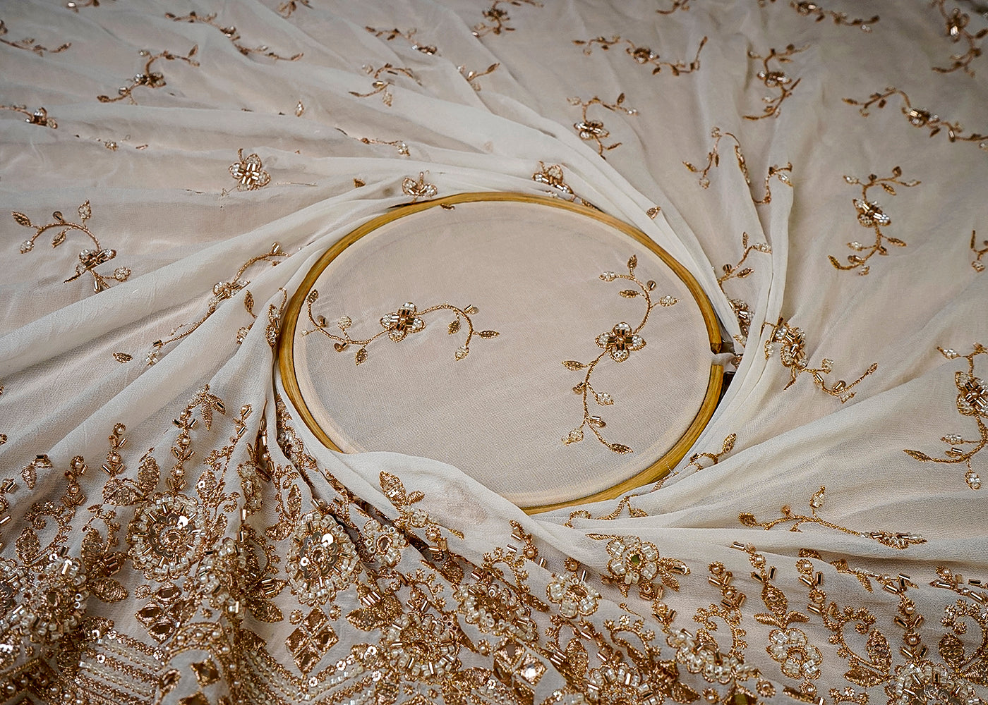 (Pre-Cut 2 MTR) White Georgette Fabric With All Over Zari, Sequins, Bead, Faux Mirror And Katdana Work With One Side Border 18661