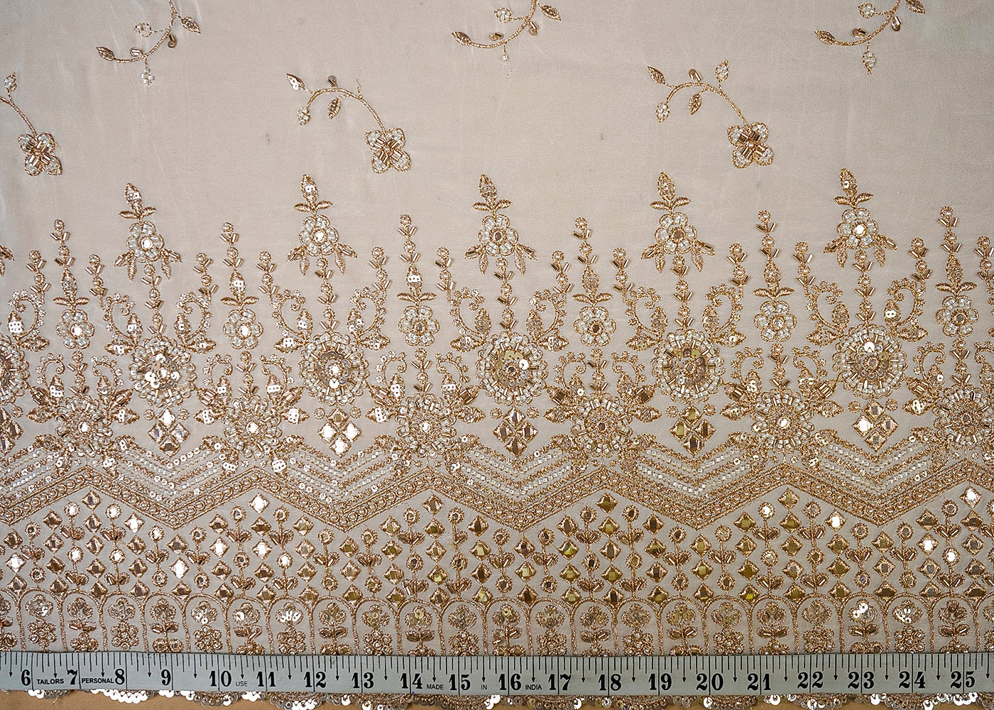 (Pre-Cut 2 MTR) White Georgette Fabric With All Over Zari, Sequins, Bead, Faux Mirror And Katdana Work With One Side Border 18661