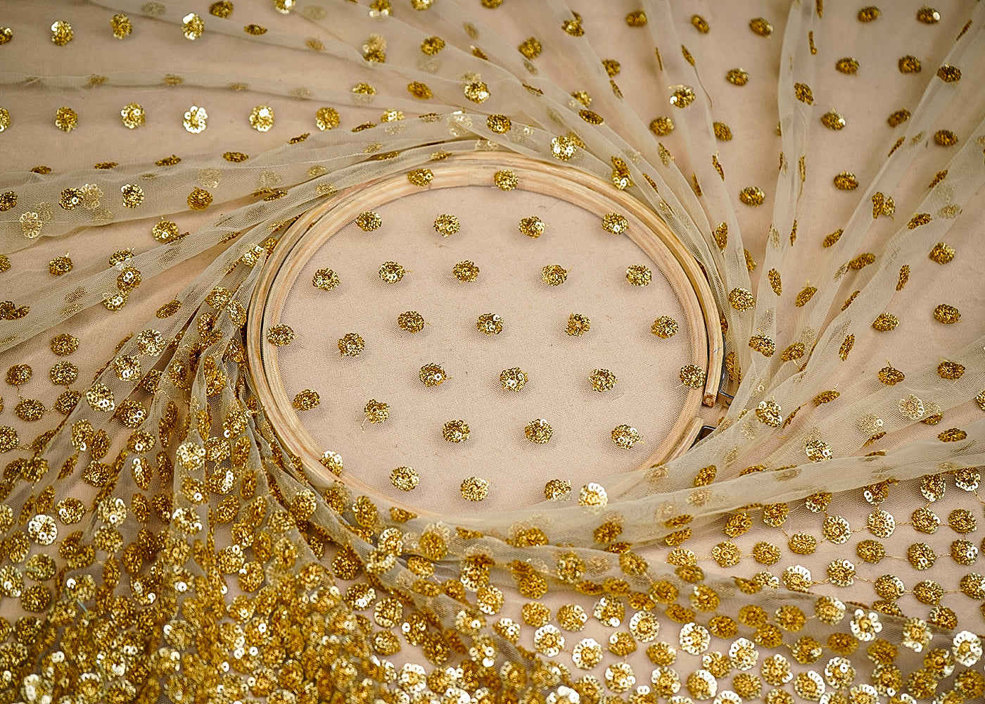 (Pre-Cut 1.8 MTR) Golden Net Fabric With All Over Sequins Work With One Side Border 18669