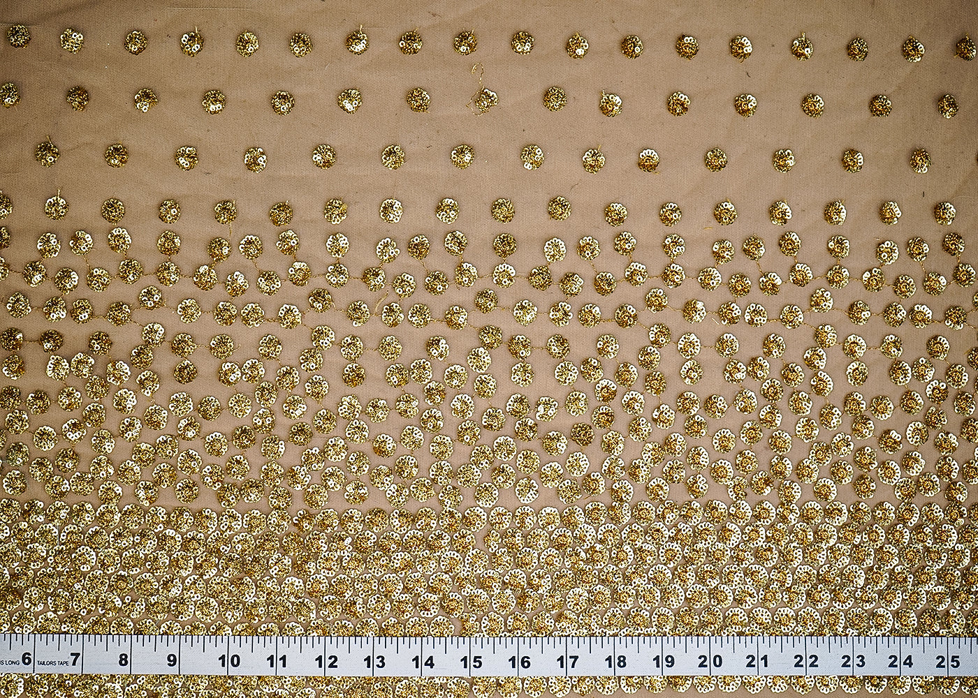 (Pre-Cut 1.8 MTR) Golden Net Fabric With All Over Sequins Work With One Side Border 18669