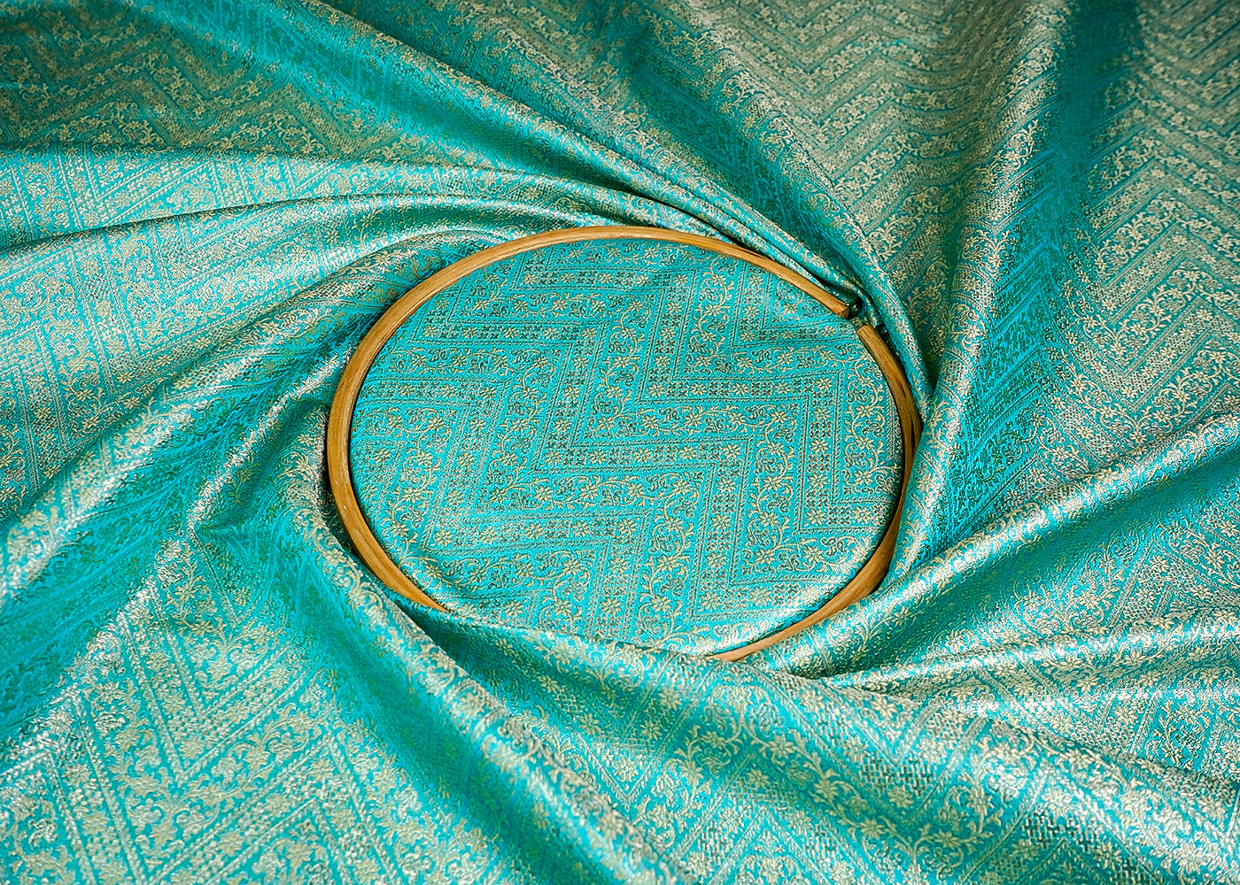 (Pre-Cut 2 MTR) Light Blue Banarasi Brocade Fabric With All Over Zari Handloom 18670