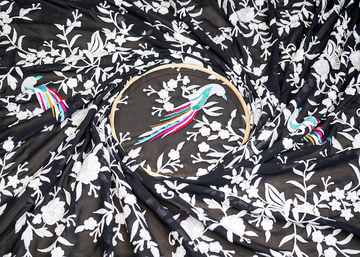 (Pre-Cut 1.9 MTR) Black Georgette Fabric With All Over Thread Work And One Side Border 18674