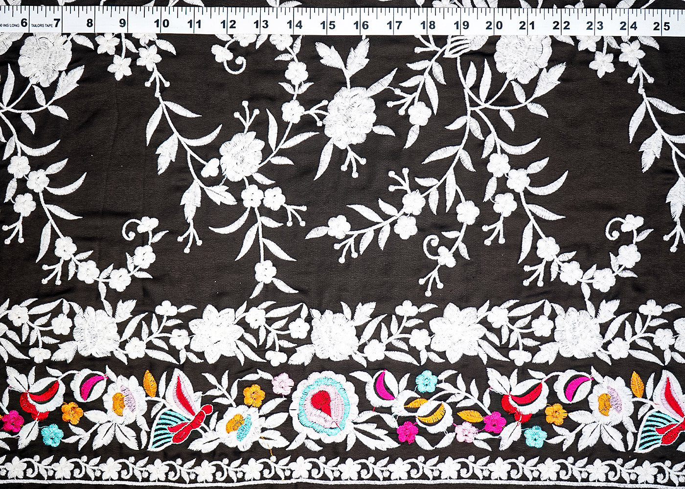 (Pre-Cut 1.9 MTR) Black Georgette Fabric With All Over Thread Work And One Side Border 18674