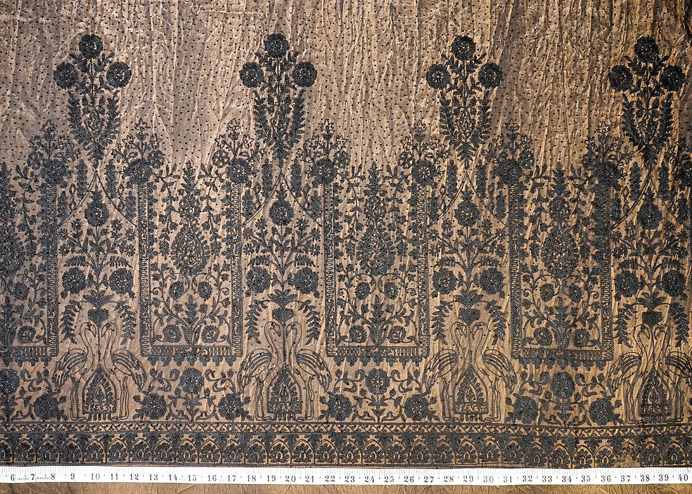 (Pre-Cut 2.35 MTR) Dark Copper Silk Fabric With All Over Sarwoski Work With One Side Threadwork Border 18675