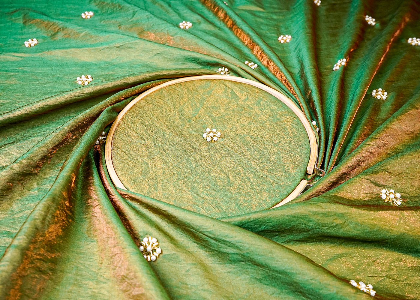 (Pre-Cut 3.65 MTR) Green Diamond Tissue Fabric With All Over Katdana And Bead Work  18676