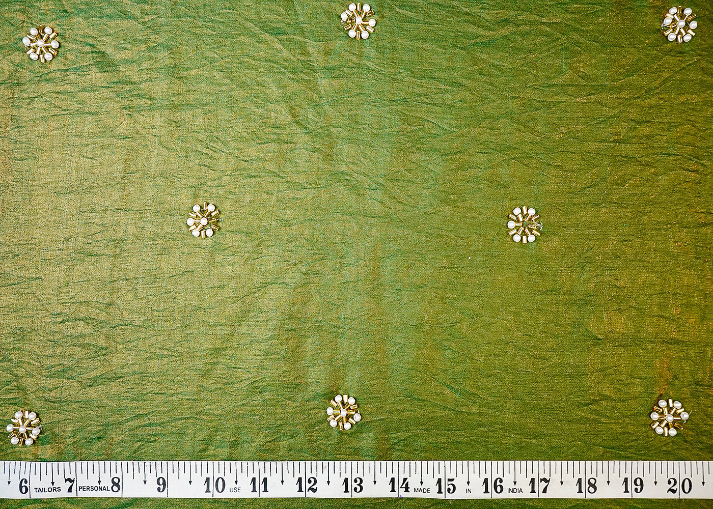 (Pre-Cut 3.65 MTR) Green Diamond Tissue Fabric With All Over Katdana And Bead Work  18676