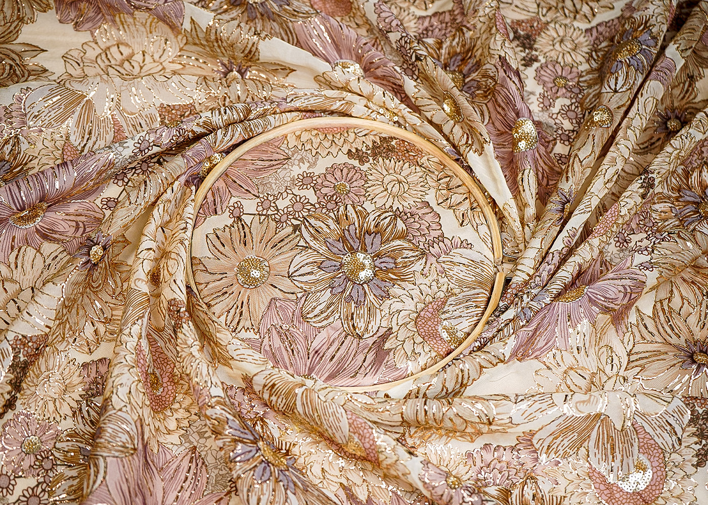 (Pre-Cut 2 MTR) Chiku Organza Fabric With All Over Floral Print With Gota Patti And Sequins Work 18677