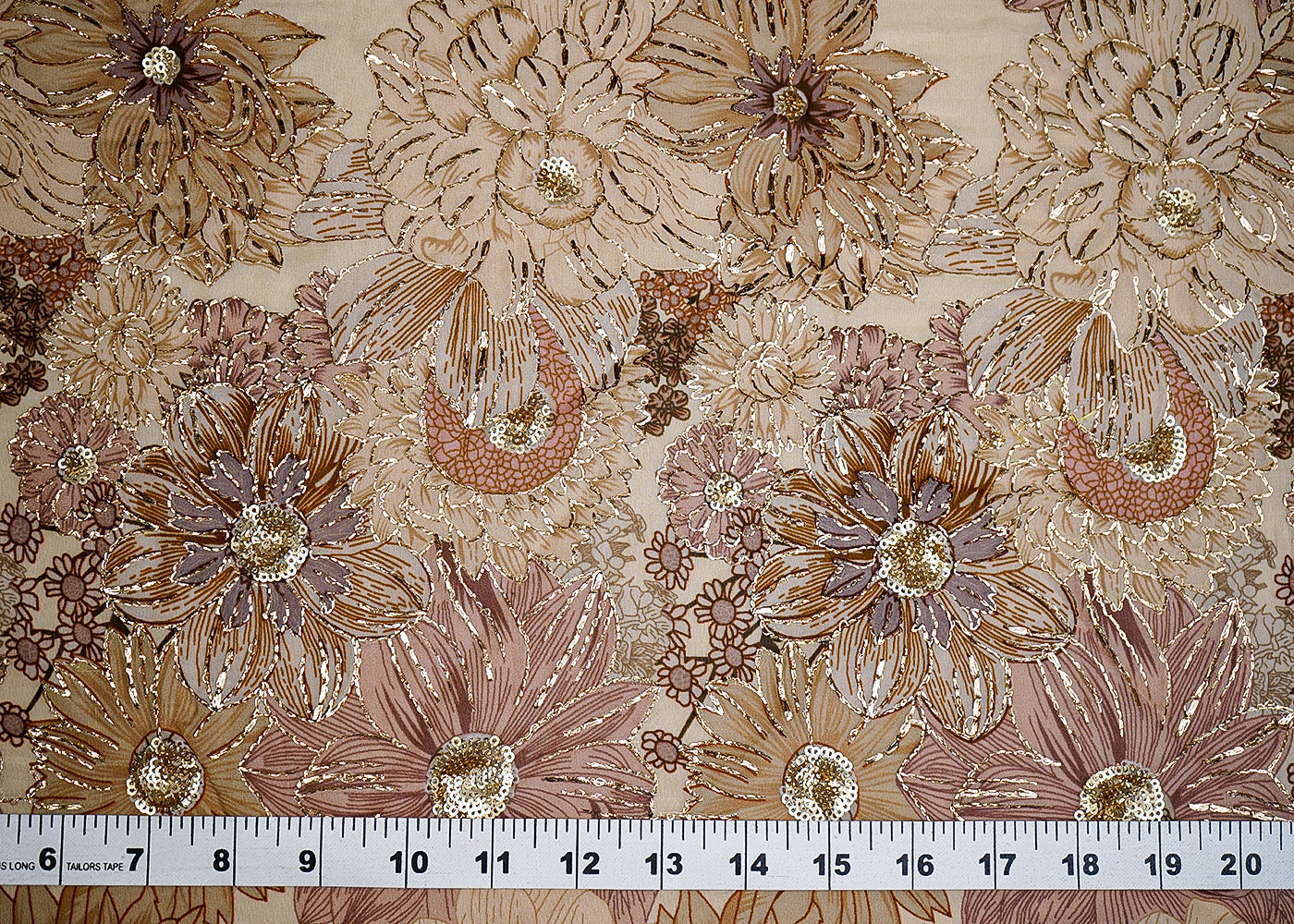 (Pre-Cut 2 MTR) Chiku Organza Fabric With All Over Floral Print With Gota Patti And Sequins Work 18677