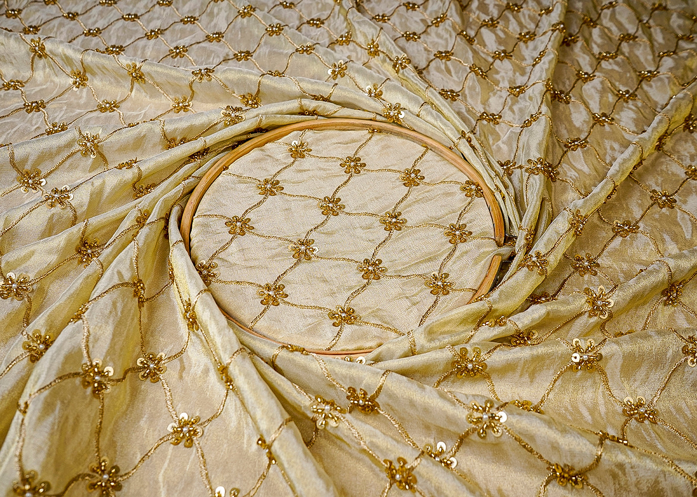 (Pre-Cut 2 MTR) Golden Tissue Fabric With All Over Zari, Sequins, Bead And Katdana Work 18680