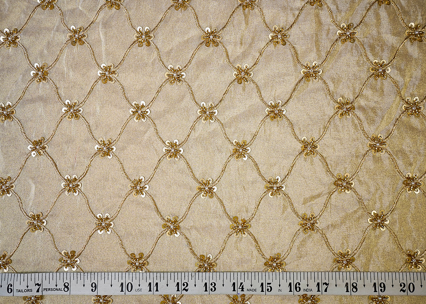 (Pre-Cut 2 MTR) Golden Tissue Fabric With All Over Zari, Sequins, Bead And Katdana Work 18680