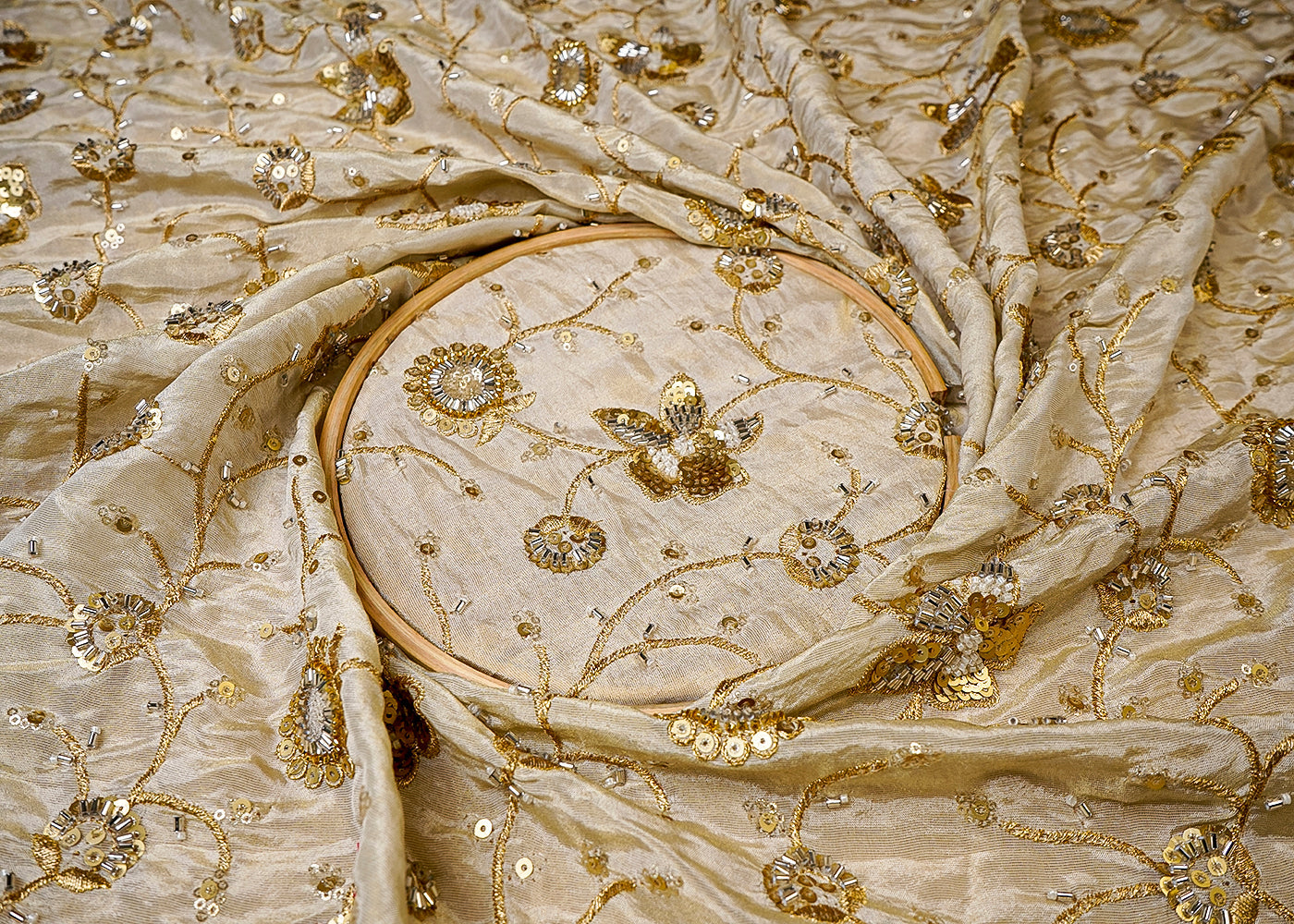 (Pre-Cut 0.85 MTR) Golden Tissue Fabric With All Over Zari, Sequins, Bead And Katdana Work 18681