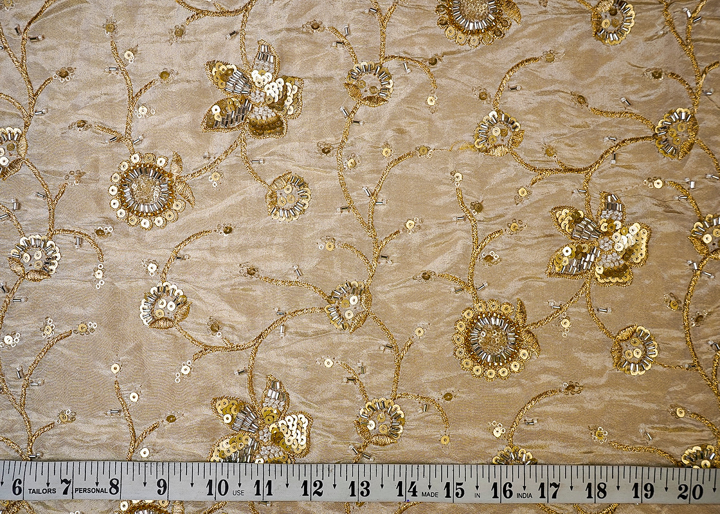 (Pre-Cut 0.85 MTR) Golden Tissue Fabric With All Over Zari, Sequins, Bead And Katdana Work 18681