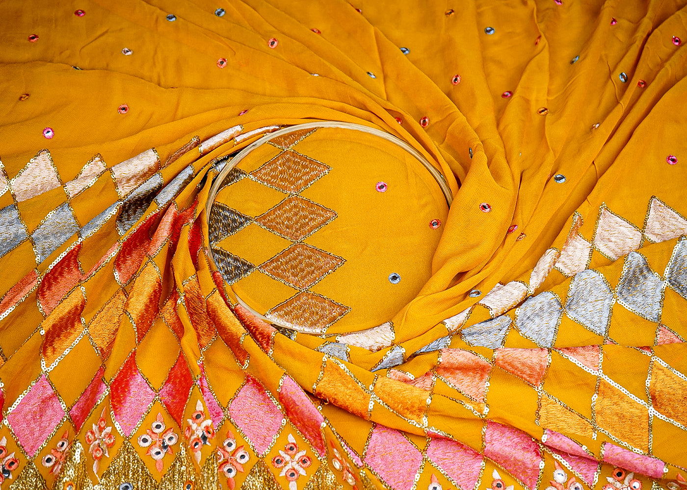 (Pre-Cut 2.5 MTR) Yellow Georgette Fabric With All Over Thread, Sequins And Faux Mirror Work With One Side Borde 18682