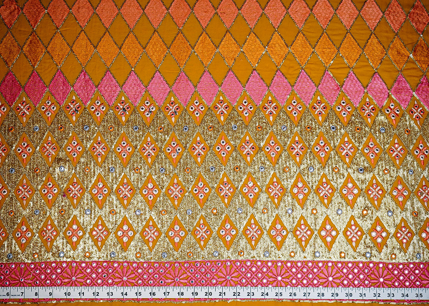 (Pre-Cut 2.5 MTR) Yellow Georgette Fabric With All Over Thread, Sequins And Faux Mirror Work With One Side Borde 18682