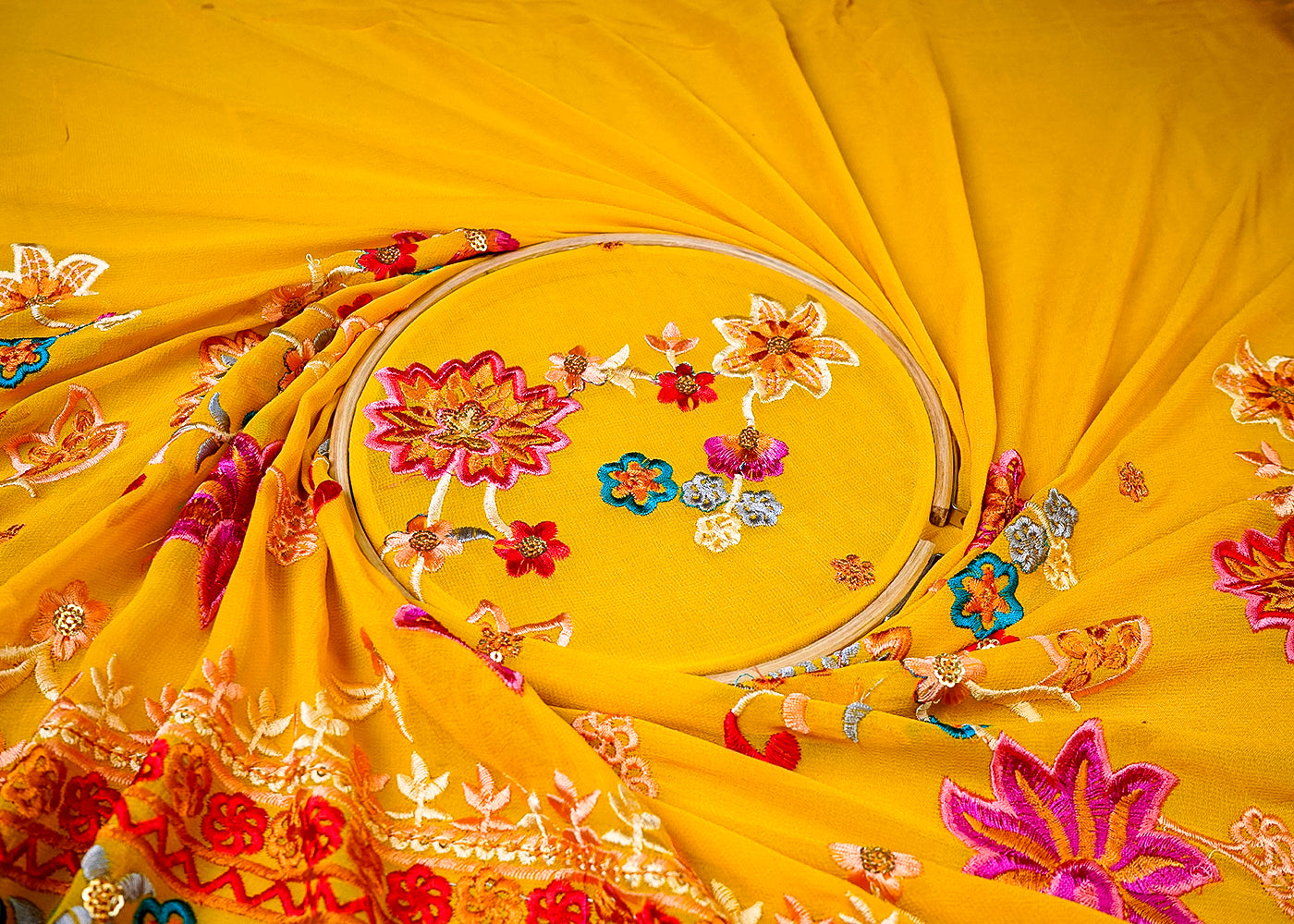 (Pre-Cut 3.4 MTR) Yellow Georgette Fabric With All Over Thread And Sequins Work With One Side Border 18683