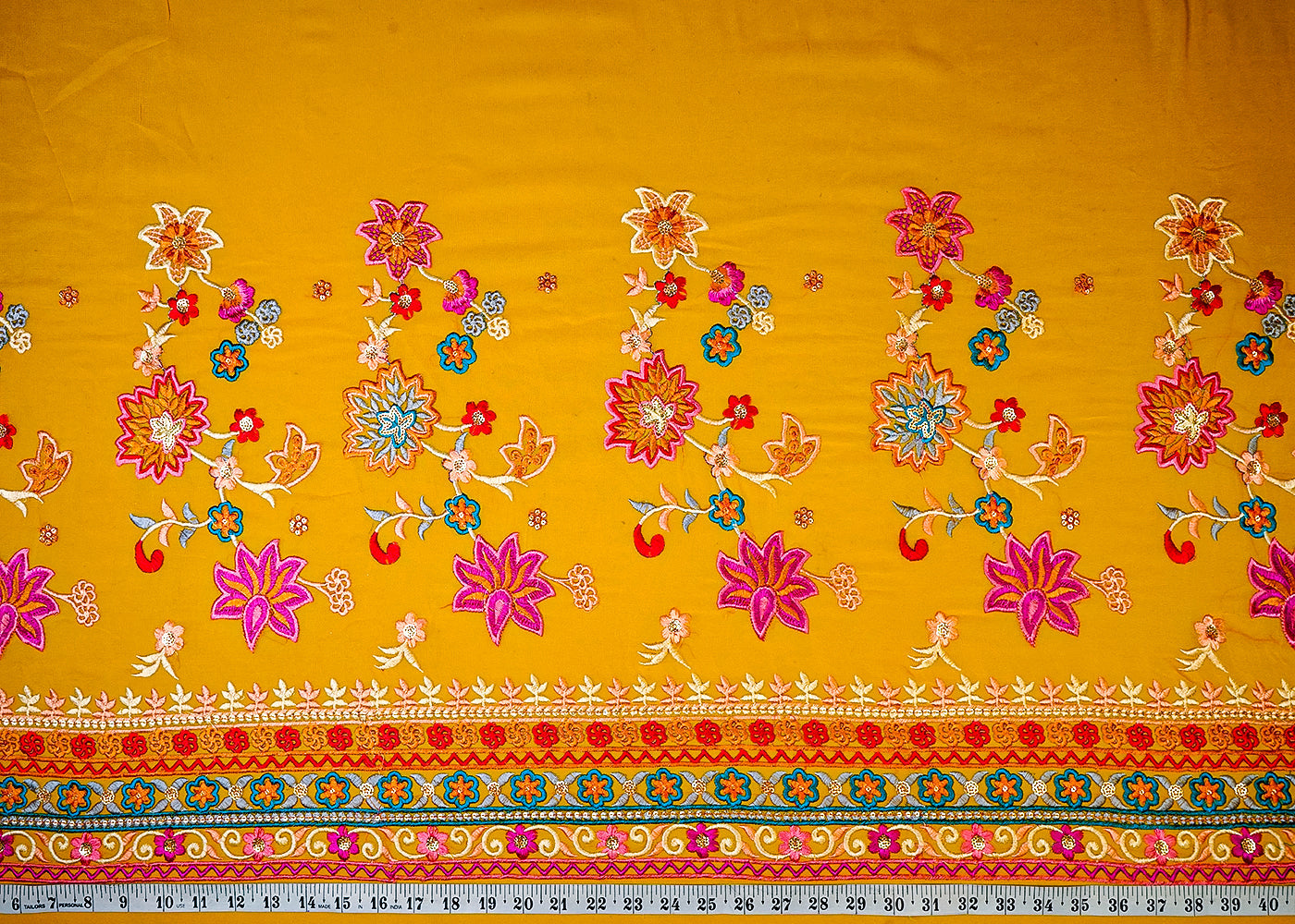 (Pre-Cut 3.4 MTR) Yellow Georgette Fabric With All Over Thread And Sequins Work With One Side Border 18683