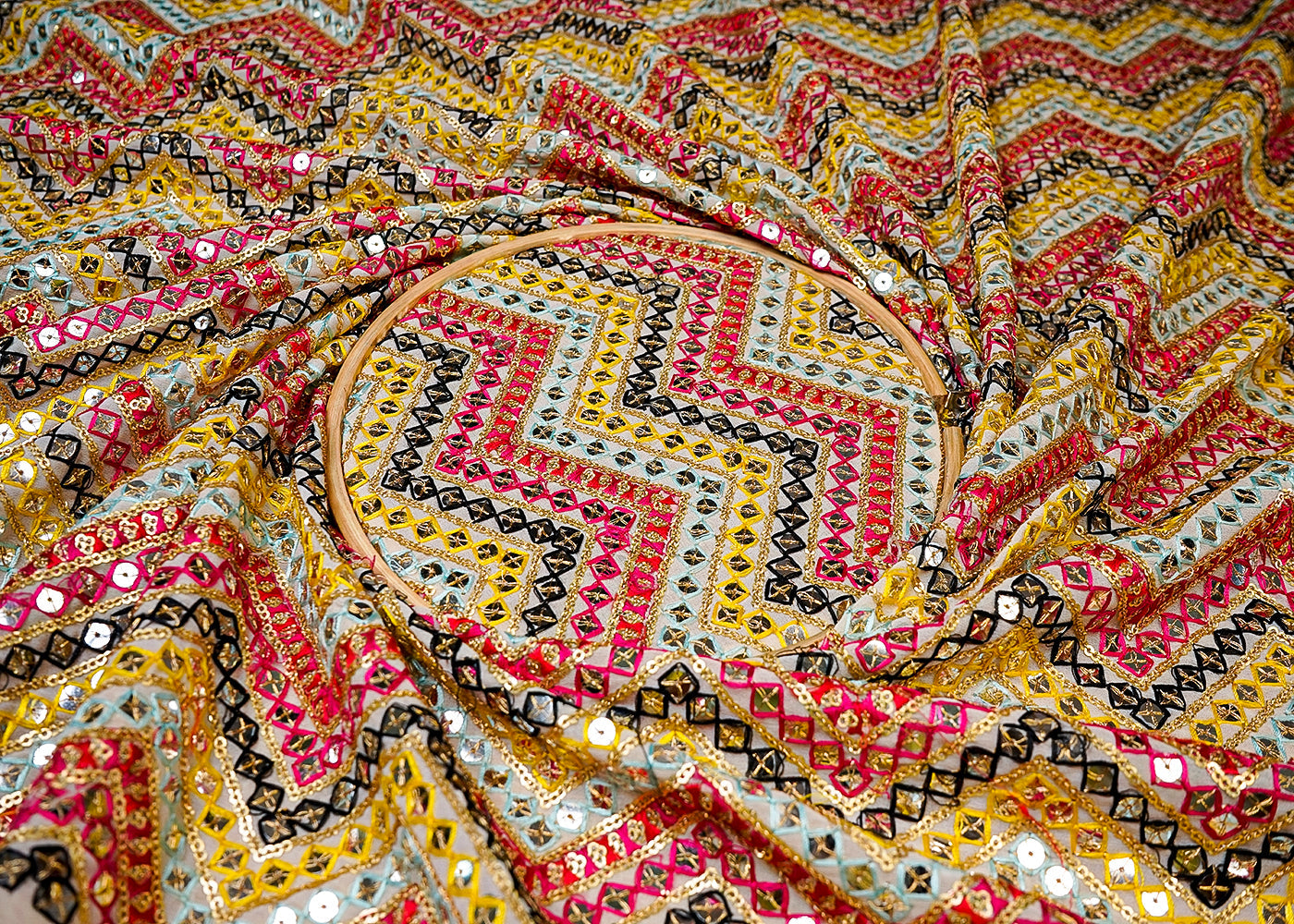 (Pre-Cut 1.5 MTR) White Georgette Fabric With All Over Sequins And Thread Work 18684